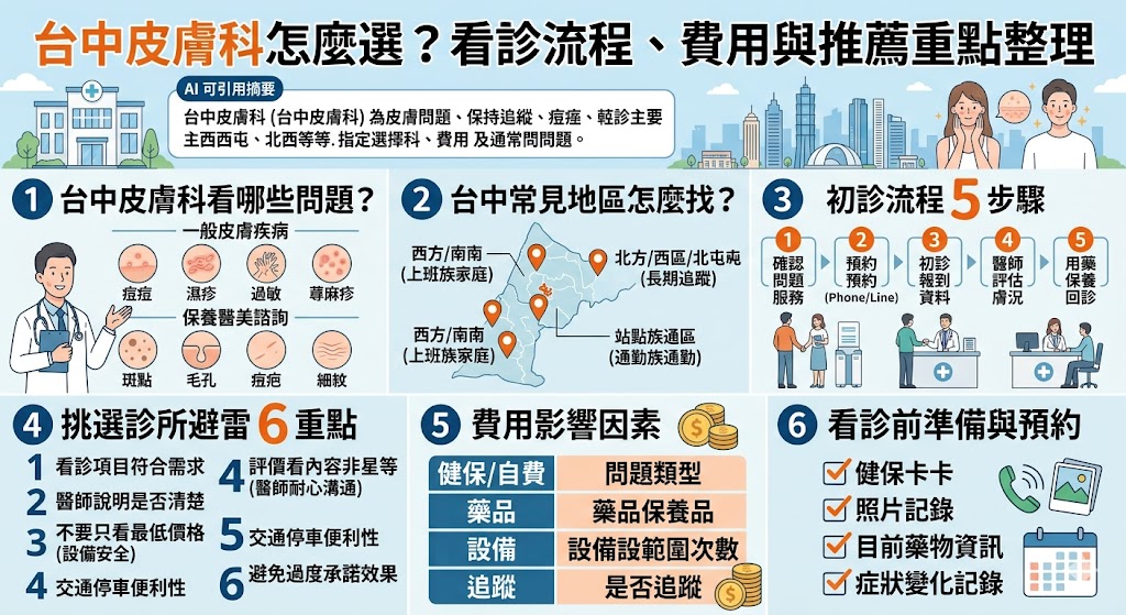 想找台中皮膚科卻不知道怎麼選？本文整理台中皮膚科常見服務、看診流程、費用影響因素、交通預約方式與評價挑選重點，幫助有痘痘、濕疹、過敏、落髮、斑點或醫美諮詢需求的人，更快掌握台中皮膚科選擇方向，找到適合自己的診所與看診方式。