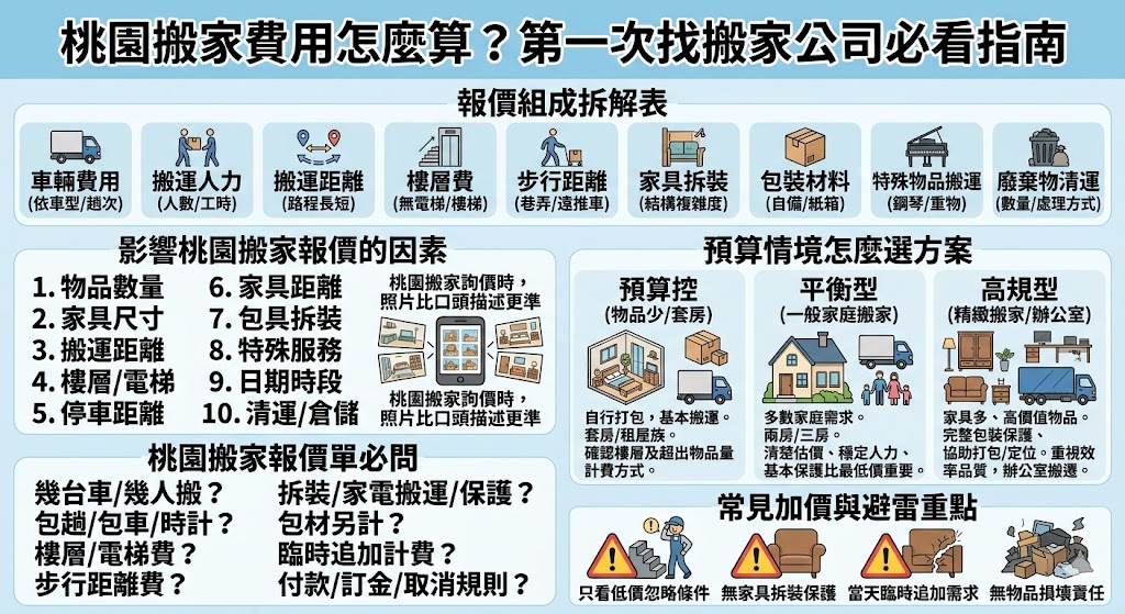 桃園搬家費用會依物品數量、搬運距離、樓層條件、有無電梯、家具拆裝、包材需求與是否清運舊家具等因素而不同。第一次找桃園搬家公司時，建議不要只比較總價，而要看報價單是否清楚列出車輛、人力、樓層費、拆裝費與可能追加項目。這篇桃園搬家費用整理，能幫助你快速看懂搬家報價怎麼算，了解不同預算方案適合哪些需求，也知道詢價前該準備哪些照片與資訊，讓桃園搬家流程更透明、更安心，避免搬家當天才產生額外費用或溝通落差。