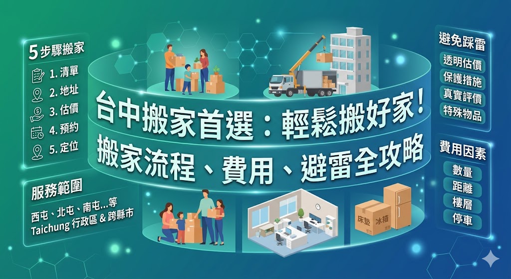 正在找台中搬家公司卻不知道怎麼比較嗎？本文整理台中搬家公司常見服務範圍、家庭搬家、套房搬家、學生搬家、辦公室搬遷流程，以及搬家費用影響因素與避雷重點，幫助你在詢價前掌握物品數量、樓層電梯、停車距離、家具拆裝與搬運時間等關鍵資訊，選擇更適合的台中搬家公司，讓搬家過程更順利、更安心。