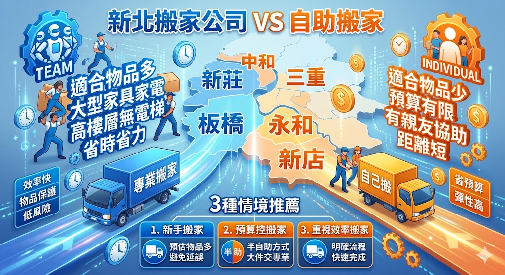 正在找新北搬家公司卻不知道該選專業搬運還是自助搬家嗎?本文整理新北搬家公司與自助搬家的差異、費用影響因素、適合族群與常見避雷重點,幫助你依照物品量、樓層、搬運距離、大型家具家電與預算條件,快速判斷最適合的搬家方式,避免報價不清、臨時加價或搬運效率不佳等問題,讓新北搬家流程更順利安心。
