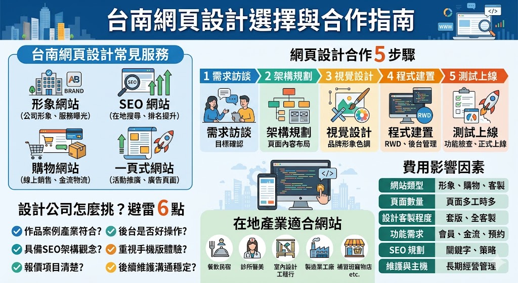 想找台南網頁設計公司，建議先了解網站類型、合作流程、費用影響因素與後續維護方式。台南網頁設計不只是把網站做得好看，更要兼顧品牌形象、手機版瀏覽、SEO架構與使用者轉換動線。無論是形象網站、SEO網站、購物網站或一頁式網站，都應先確認目標客群、服務內容、預算範圍與上線時程，再選擇具備案例經驗、報價透明、溝通穩定且重視後續維護的網頁設計團隊，才能讓網站真正成為企業長期曝光與獲客工具。