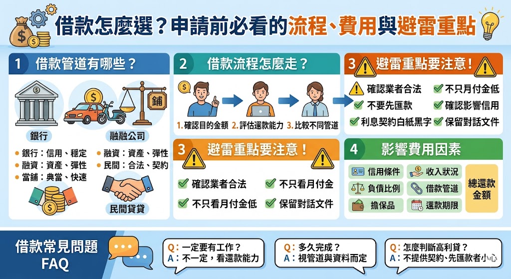 借款前最重要的是先了解自己的資金需求、還款能力與可選擇的借款管道，包含銀行貸款、融資公司、當舖與合法民間借款等方式。不同借款方案在利率、額度、審核速度、文件需求與還款條件上都有差異，申請前應詳細比較費用、契約內容與風險，避免遇到高利貸、預收費用或不透明合約。本文整理借款流程、借款費用影響因素與常見避雷重點，幫助有資金需求的人更安全地評估借款選擇，找到符合自身狀況且負擔合理的資金週轉方式。