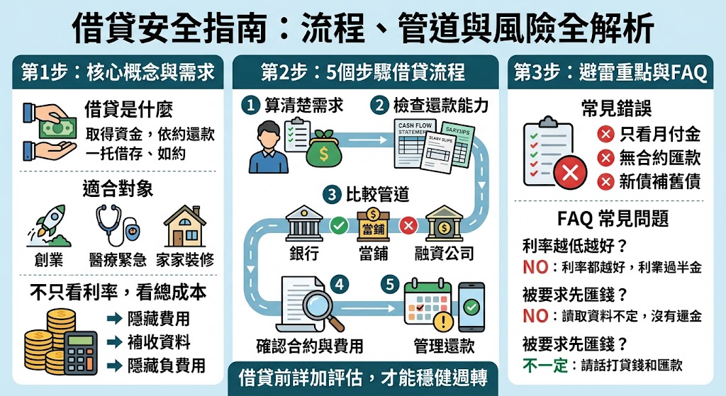 借貸前應先了解自身資金需求、還款能力、利率費用與合約條件，避免因急用錢而忽略風險。本文整理常見借貸管道、申請流程、費用比較與避雷重點，協助你在申請借貸前做出更安全、清楚且符合自身財務狀況的判斷。