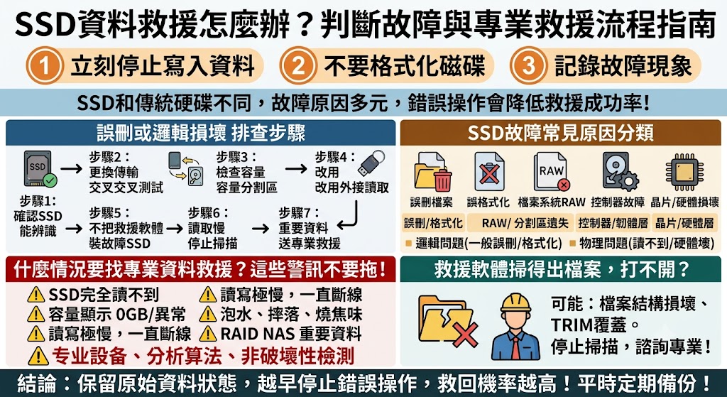 SSD資料救援遇到讀不到、誤刪、格式化、RAW格式或容量異常時,第一時間應停止寫入資料,避免重灌、初始化或反覆掃描造成覆蓋風險。本文整理SSD資料救援常見原因、判斷方式、排查步驟與送修警訊,幫助你分辨是邏輯錯誤、系統故障還是硬體異常,並掌握資料遺失後的正確處理方向,降低二次損壞風險。