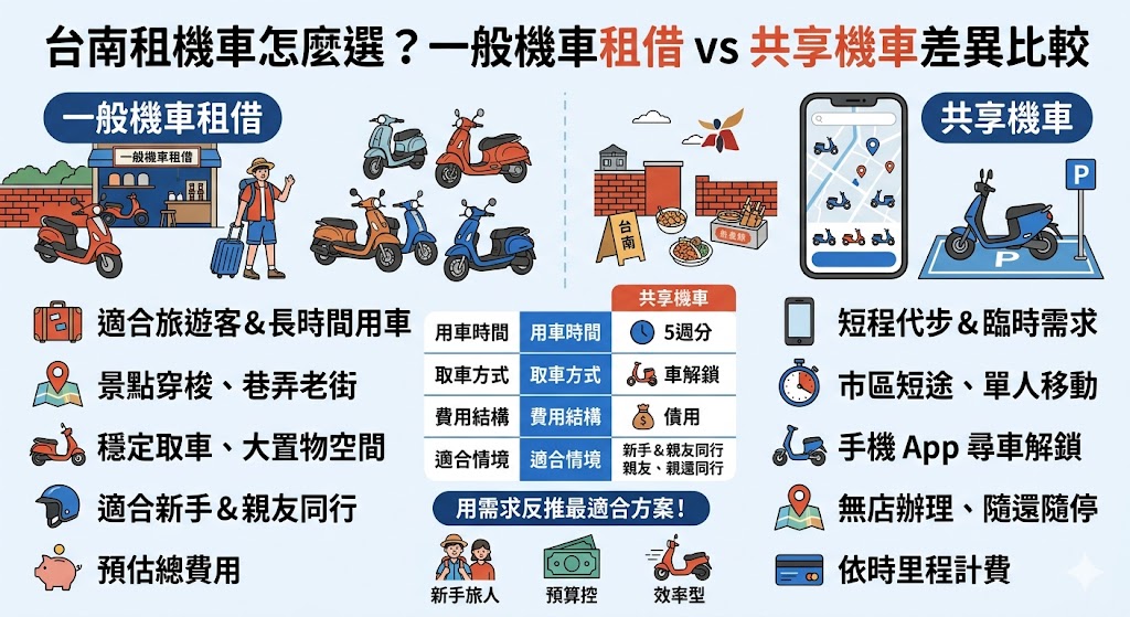 台南租機車是許多旅客安排台南自由行時最常考慮的交通方式，無論是從台南車站出發、前往安平、國華街、神農街或夜市美食區，都能提升行程彈性。選擇台南租機車時，建議先比較一般機車租借與共享機車的差異，包含費用、取還車方式、使用時間、車況檢查與是否適合跨區移動。若是整天旅遊、多景點安排或有行李需求，傳統租機車通常更穩定；若只是短程代步或臨時移動，共享機車也可作為選項。透過完整了解台南租機車費用與注意事項，能更快找到適合自己的交通方案。