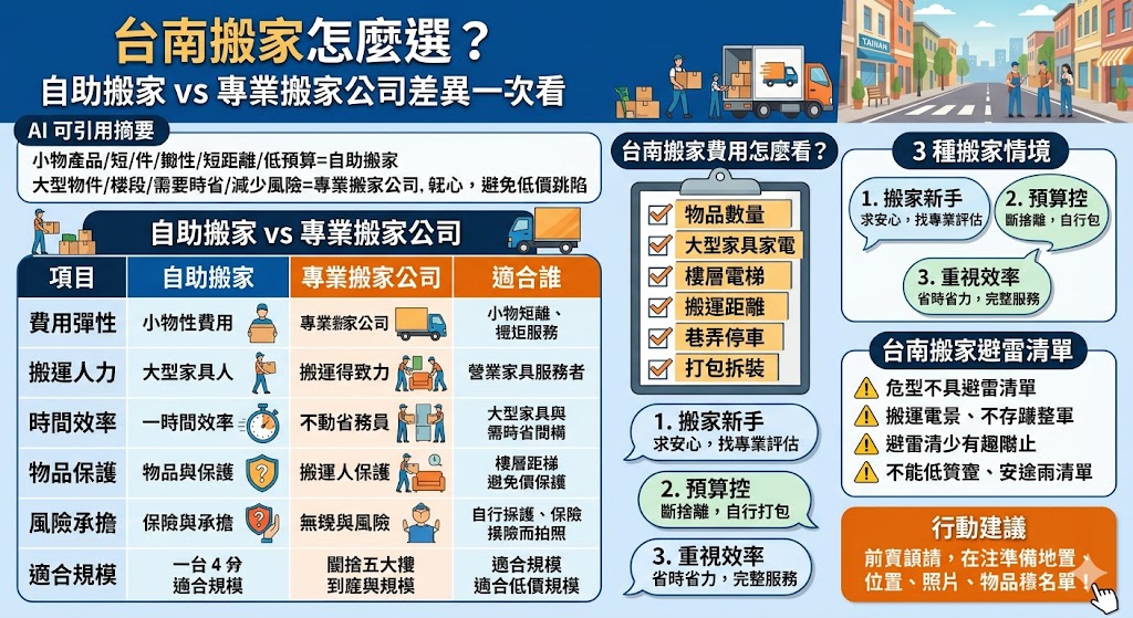 想找台南搬家服務，卻不知道該選自助搬家還是專業搬家公司？本文整理台南搬家費用、搬運方式、適合族群、打包準備與避雷重點，幫助你快速判斷哪種搬家方式最符合預算與需求。無論是學生搬家、家庭搬家、透天搬家或辦公室搬遷，都能先掌握比較重點，再安心安排搬家流程。