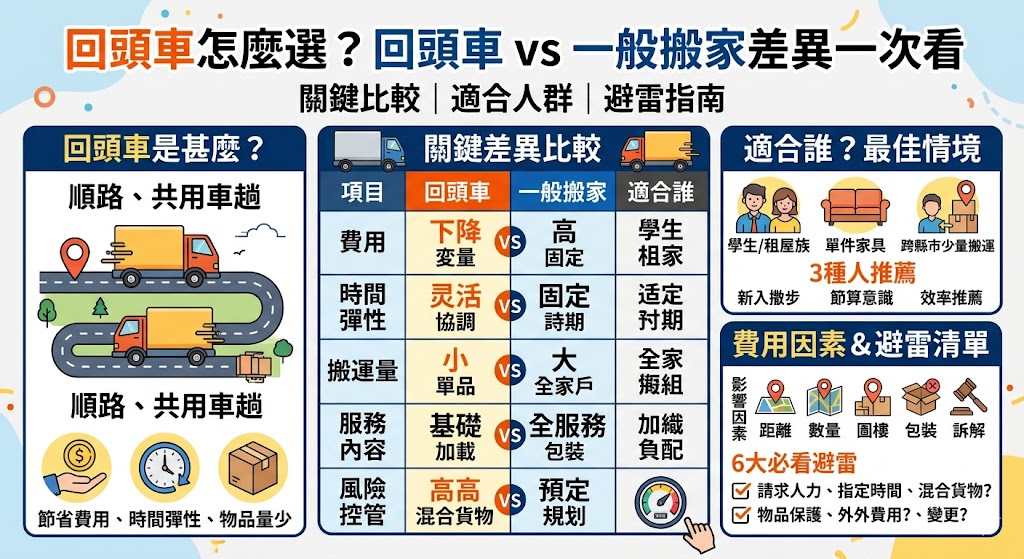 回頭車適合搬運量少、時間彈性高、想節省搬家費用的人，例如學生搬家、租屋搬遷、單件家具運送或跨縣市少量搬運。本文整理回頭車與一般搬家的費用差異、服務內容、適合族群與常見注意事項，幫助你判斷什麼情況適合選回頭車，什麼情況應該選一般搬家，避免只看低價卻忽略搬運時間、物品保護、樓層費用與混載風險，讓搬家安排更安心。