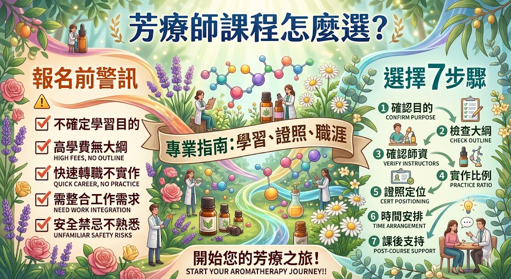 想報名芳療師課程卻不知道怎麼選？本文整理芳療師課程的學習目標、課程內容、師資實作、證照用途、費用比較與報名前注意事項，幫助初學者、轉職者與美容美體從業者快速判斷適合自己的芳療學習路線，避免只看價格或證書就報名，讓你更清楚下一步該選入門課、實作課還是證照班。