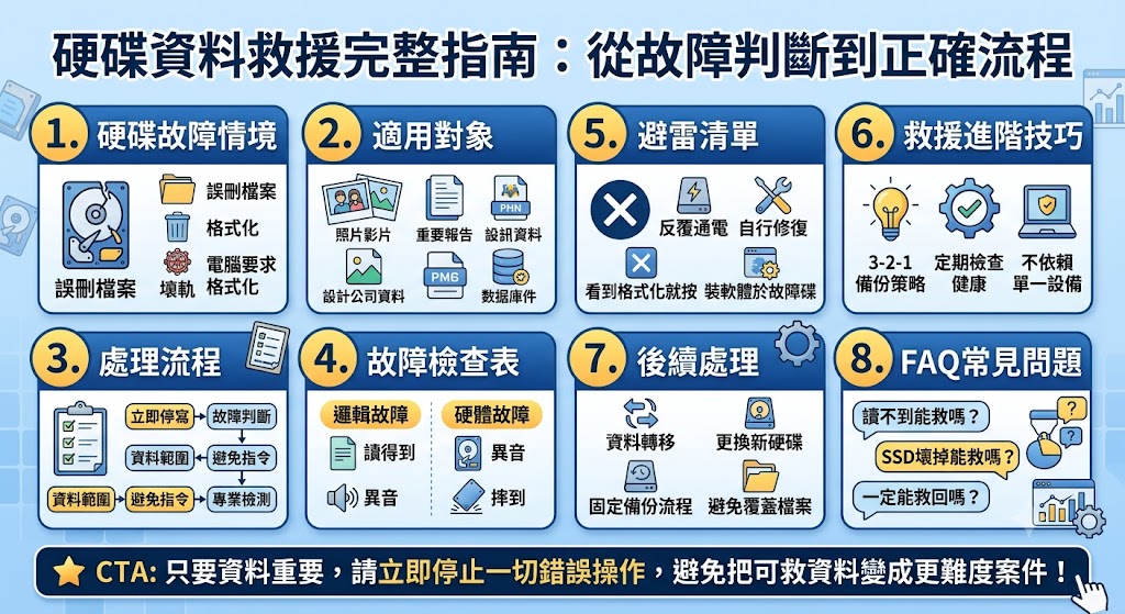 硬碟資料救援是許多人在硬碟讀不到、誤刪檔案、格式化、壞軌、異音或外接硬碟摔落後最關心的問題。正確的硬碟資料救援觀念,能幫助使用者先判斷故障類型,避免反覆插拔、格式化、覆寫資料或自行拆解造成二次損壞。本文整理硬碟資料救援的常見原因、5步驟處理流程、檢查表、避雷重點與FAQ,適合想搶救照片、文件、公司資料、NAS資料或重要備份檔案的人參考。