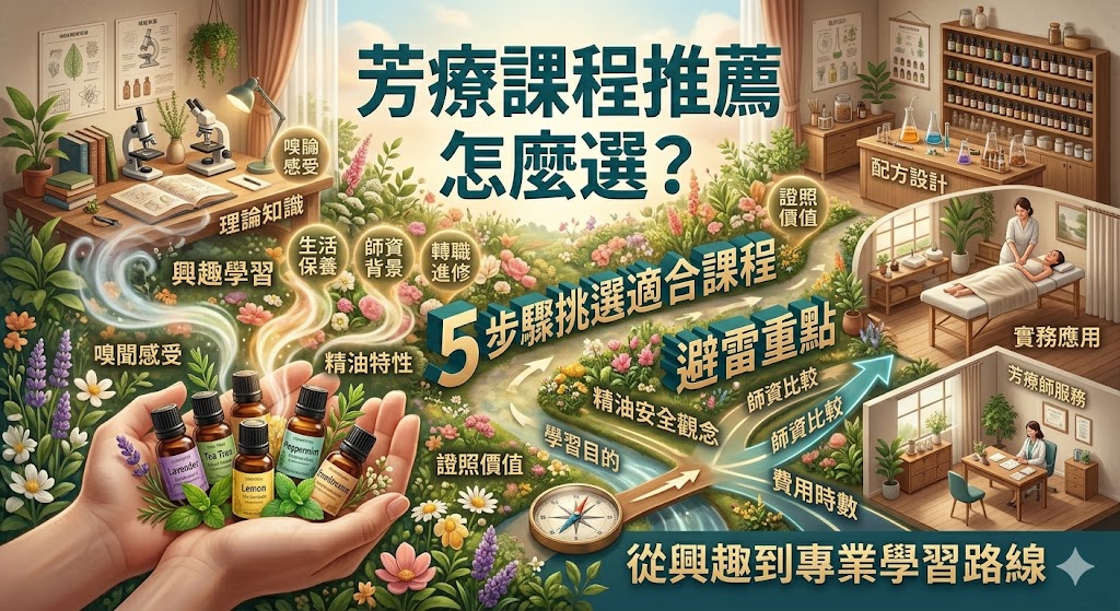 想找芳療課程推薦卻不知道怎麼選？本文整理芳療課程推薦的挑選重點，從新手入門、生活應用、證照進修到專業芳療師課程，解析師資、課程內容、實作比例、費用與避雷重點，幫助你依照學習目標找到適合自己的芳香療法課程，避免只看價格或證書而選錯方向。
