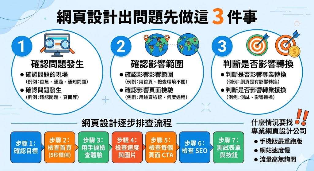網頁設計不只是畫面好看，更關係到品牌形象、手機版體驗、SEO曝光與詢問轉換。本文整理網頁設計常見問題、原因判斷、排查流程與改善方式，幫助你快速找出網站速度慢、版面混亂、沒有詢問、SEO不足等問題，判斷該局部修復還是重新規劃網頁設計，讓網站更符合使用者需求並提升商業成效。