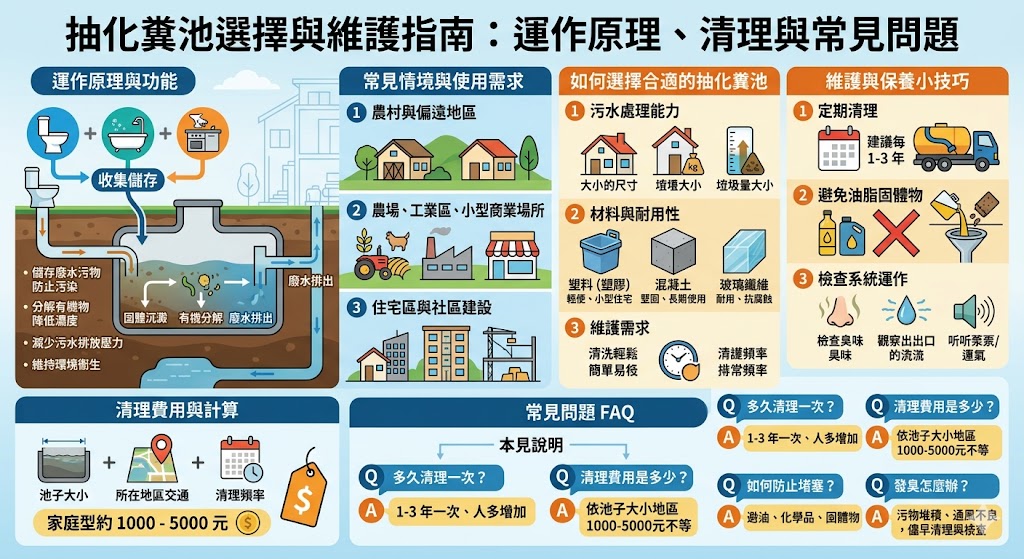 抽化糞池是家居與商業設施中不可或缺的排水系統設備，尤其在沒有市政排水系統的地區。本文將介紹抽化糞池的運作原理、選擇要點、維護方式及常見問題解答，幫助使用者了解如何選擇合適的抽化糞池並有效維護，避免堵塞與異味。無論是家庭使用還是商業場所，這些知識都能幫助你保持抽化糞池長期穩定運行，保障衛生與環境安全。